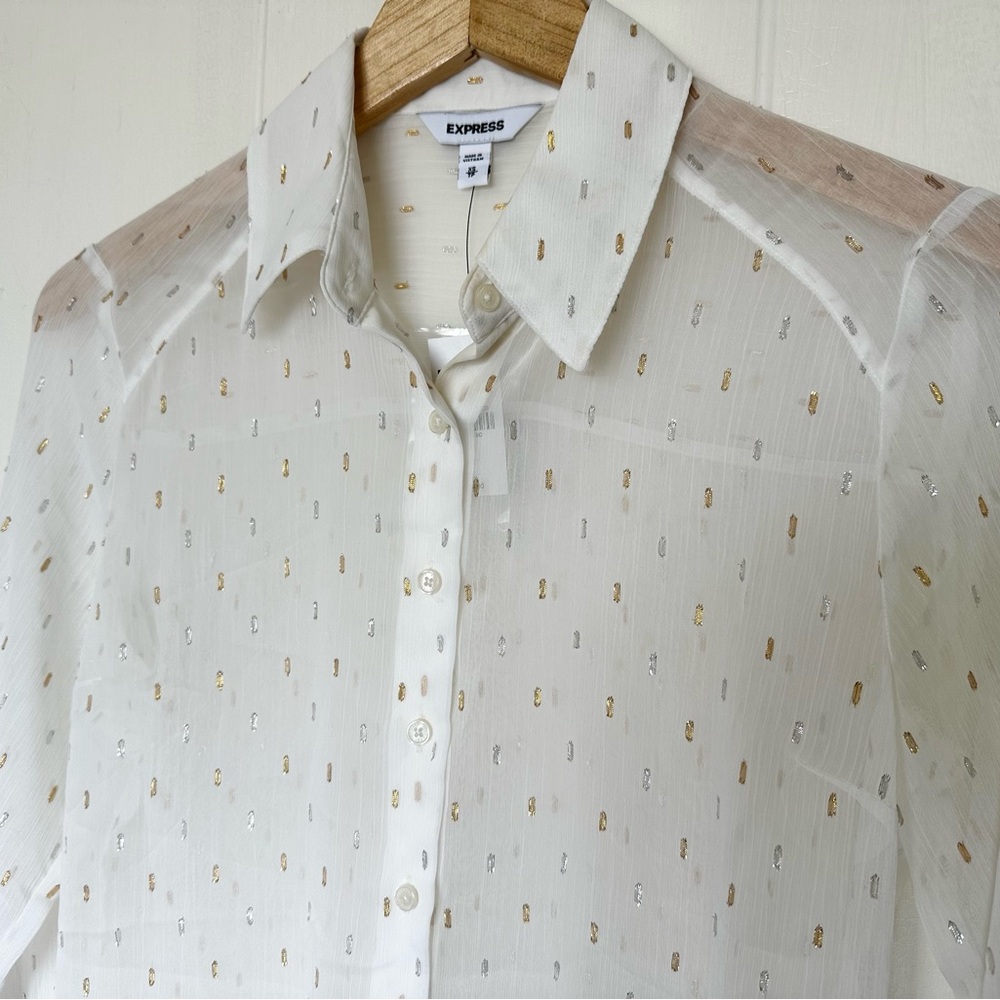 Express Sheer White Collared Shirt w/ Gold and Silver Accents